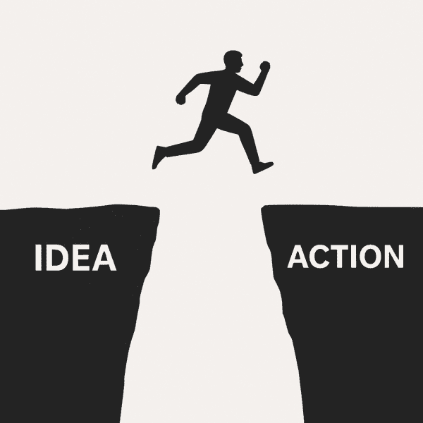 The $100 Startup by Chris Guillebeau (Illustration of a leap from idea to action)