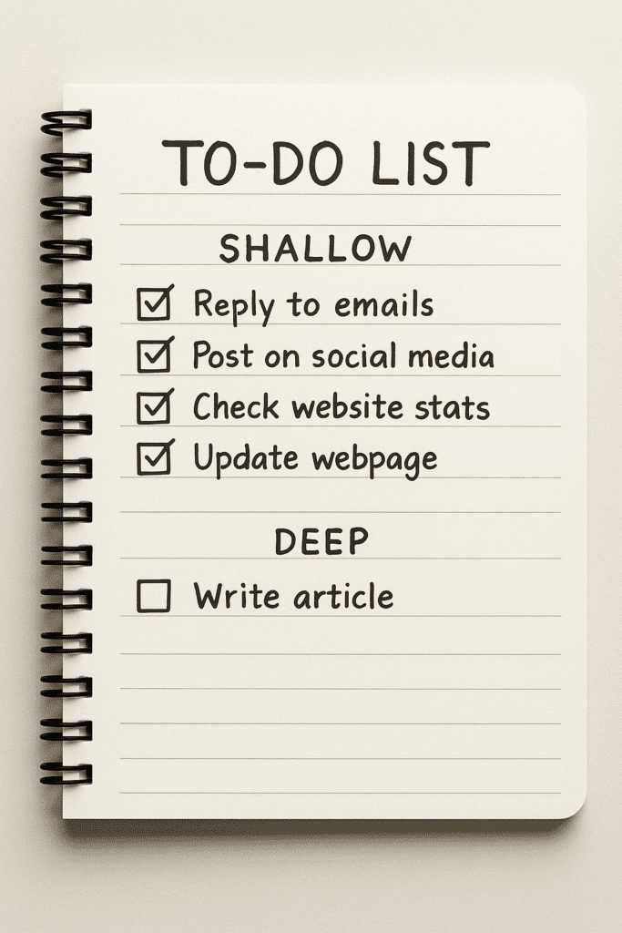Deep Work by Cal Newport (Task list with shallow work checked off and deep work remaining)
