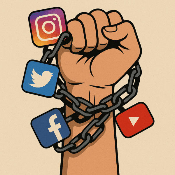 Deep Work by Cal Newport (Illustration of social media apps distracting a person from focused work)