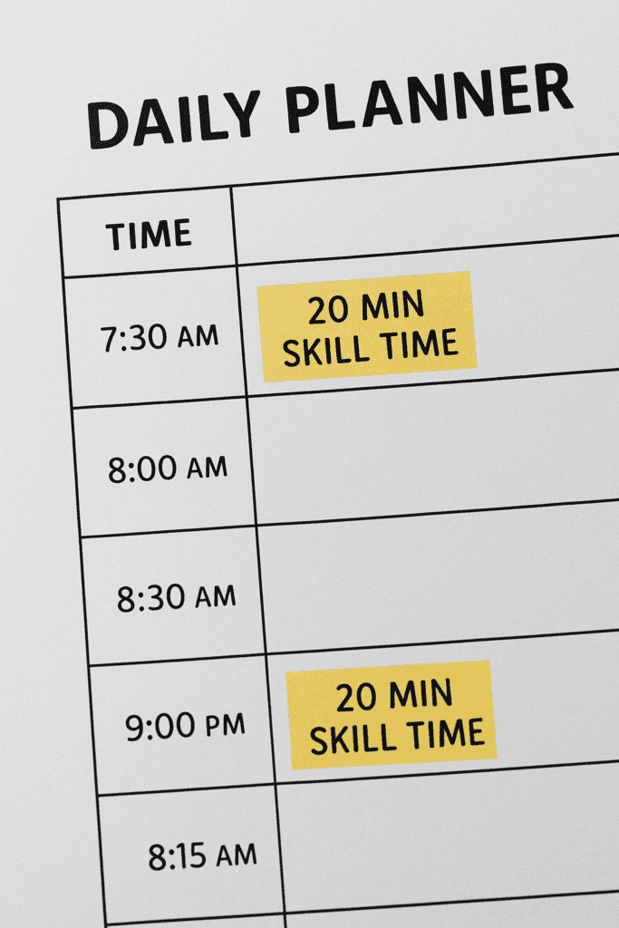 The First 20 Hours by Josh Kaufman (Daily schedule showing two 20-minute focused practice sessions for rapid learning)