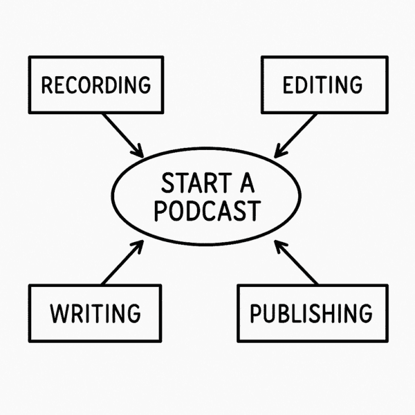 The First 20 Hours by Josh Kaufman (Mind map showing how to break a skill like podcasting into smaller sub-skills)