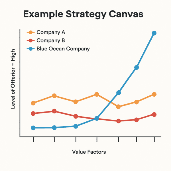 The Blue Ocean Strategy by W. Chan Kim and Renée Mauborgne ( Strategy canvas graph showing how a new brand differs from its competitors)