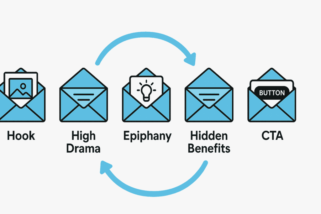 Dotcom Secrets by Russell Brunson ( Illustration of the Soap Opera email sequence steps)