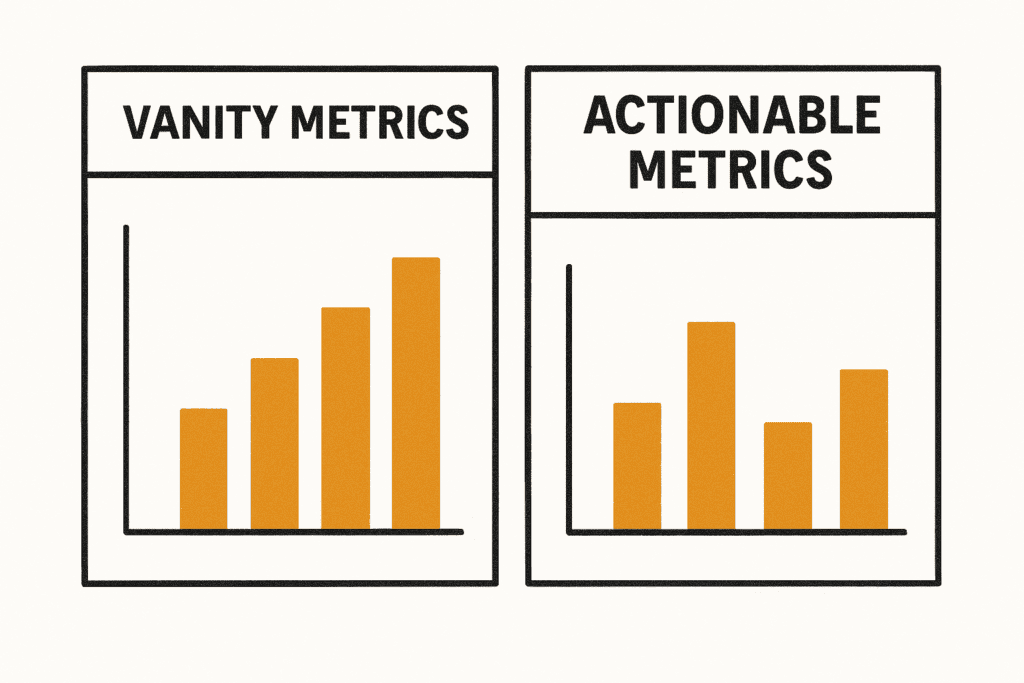 The Lean Startup by Eric Ries (Visual example of vanity vs actionable metrics in startup tracking)