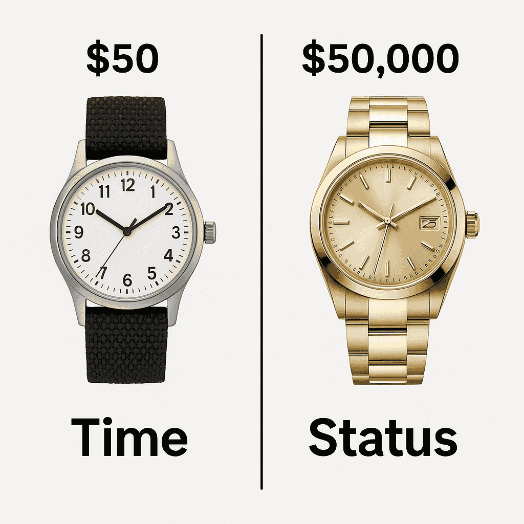 The 1-Page Marketing Plan by Allan Dib (Visual showing different messaging for low-cost vs luxury watch products)