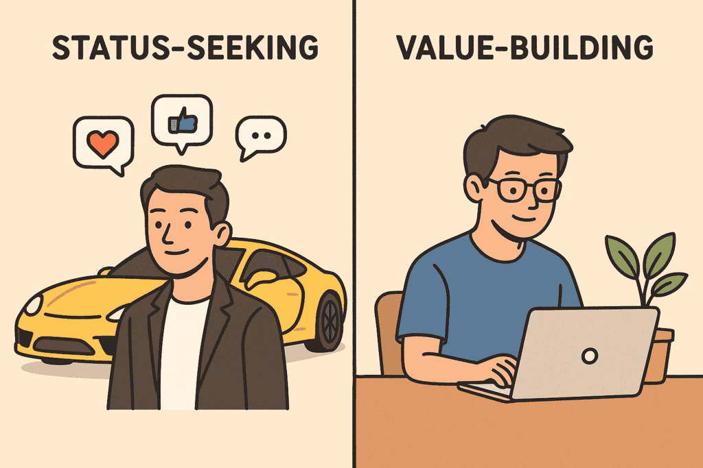 The Almanack of Naval Ravikant by Eric Jorgenson (Visual comparison between status-seeking and value-building mindsets.)