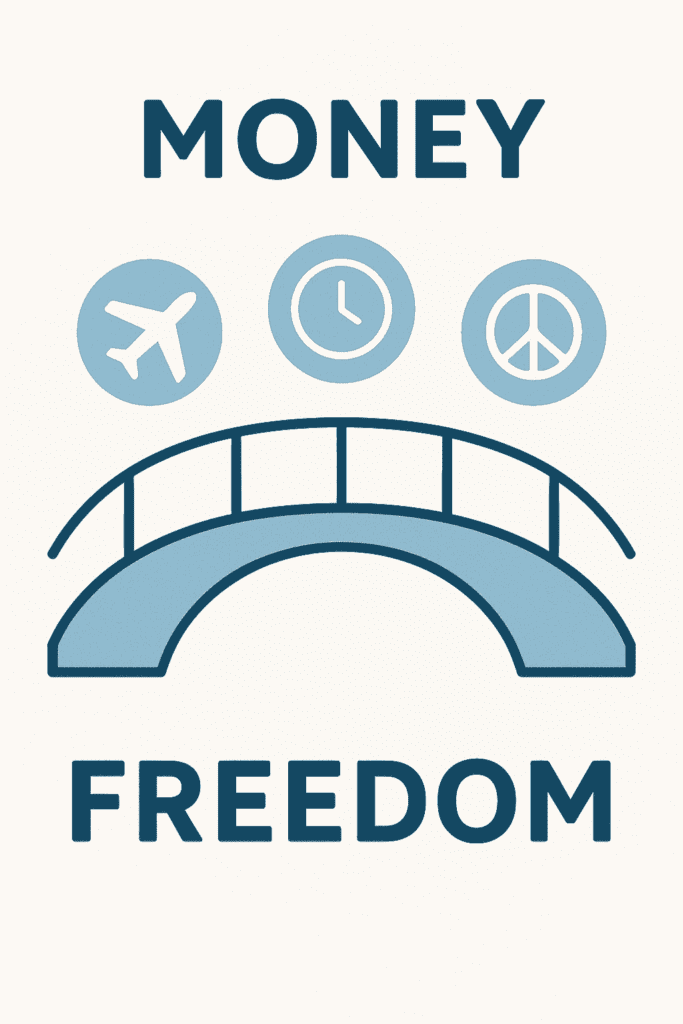 The Almanack of Naval Ravikant by Eric Jorgenson (Graphic of money as a bridge leading to time and freedom.)