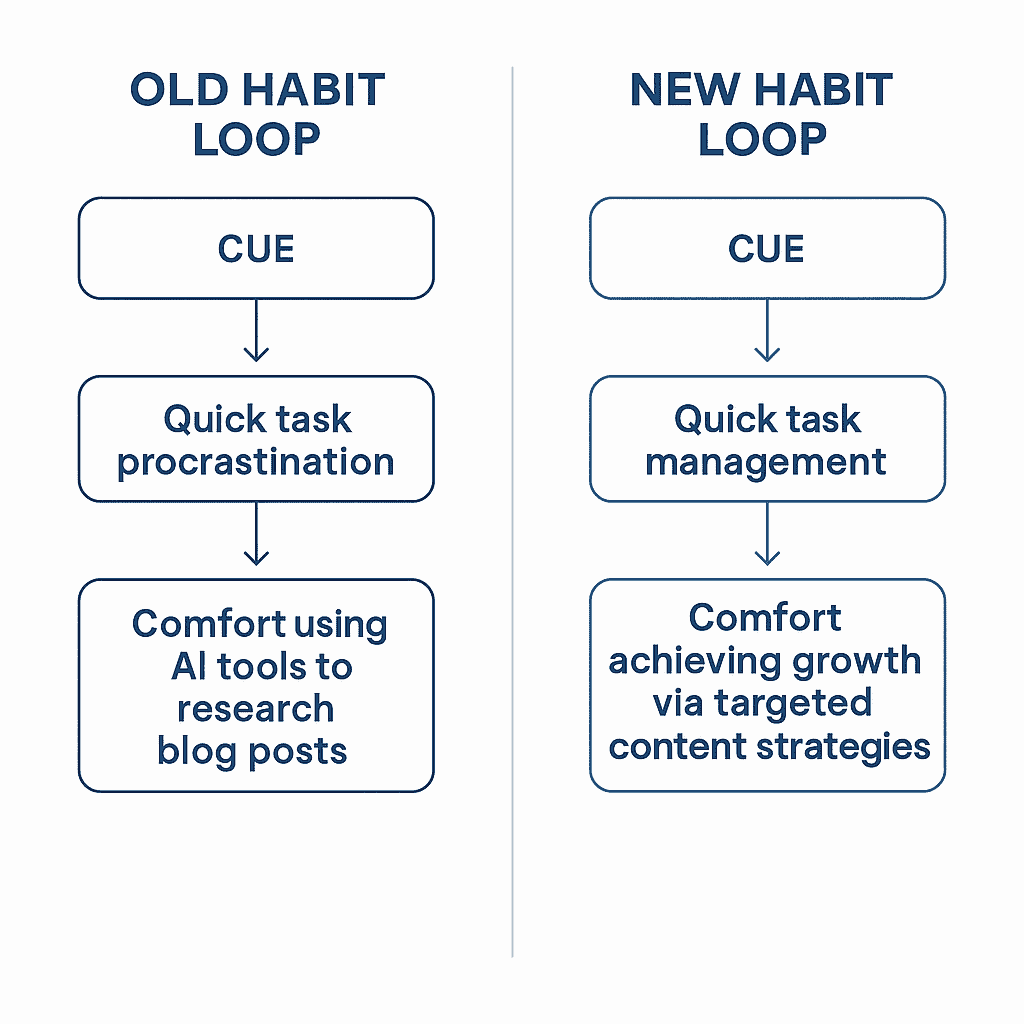 The Power of Habit by Charles Duhigg (Comparison chart showing old vs new habit routines with the same cue and reward)