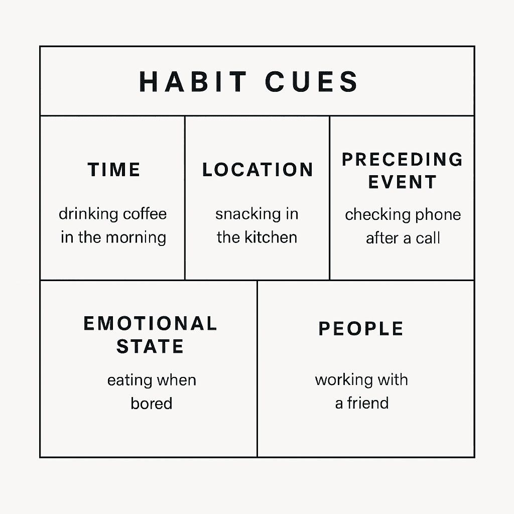 The Power of Habit by Charles Duhigg (Chart displaying five common habit cues with examples)