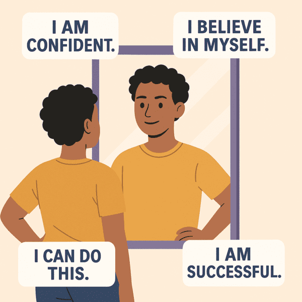 Think and Grow Rich by Napoleon Hill (Young person reading affirmations to boost confidence)