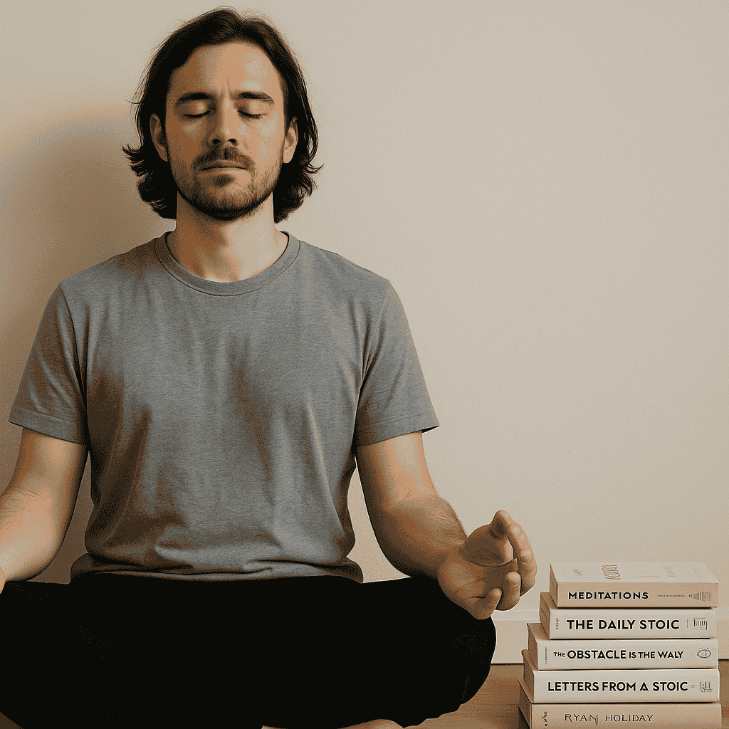 Do It Today by Darius Foroux (Person meditating next to a stack of self-help books to build mental toughness)