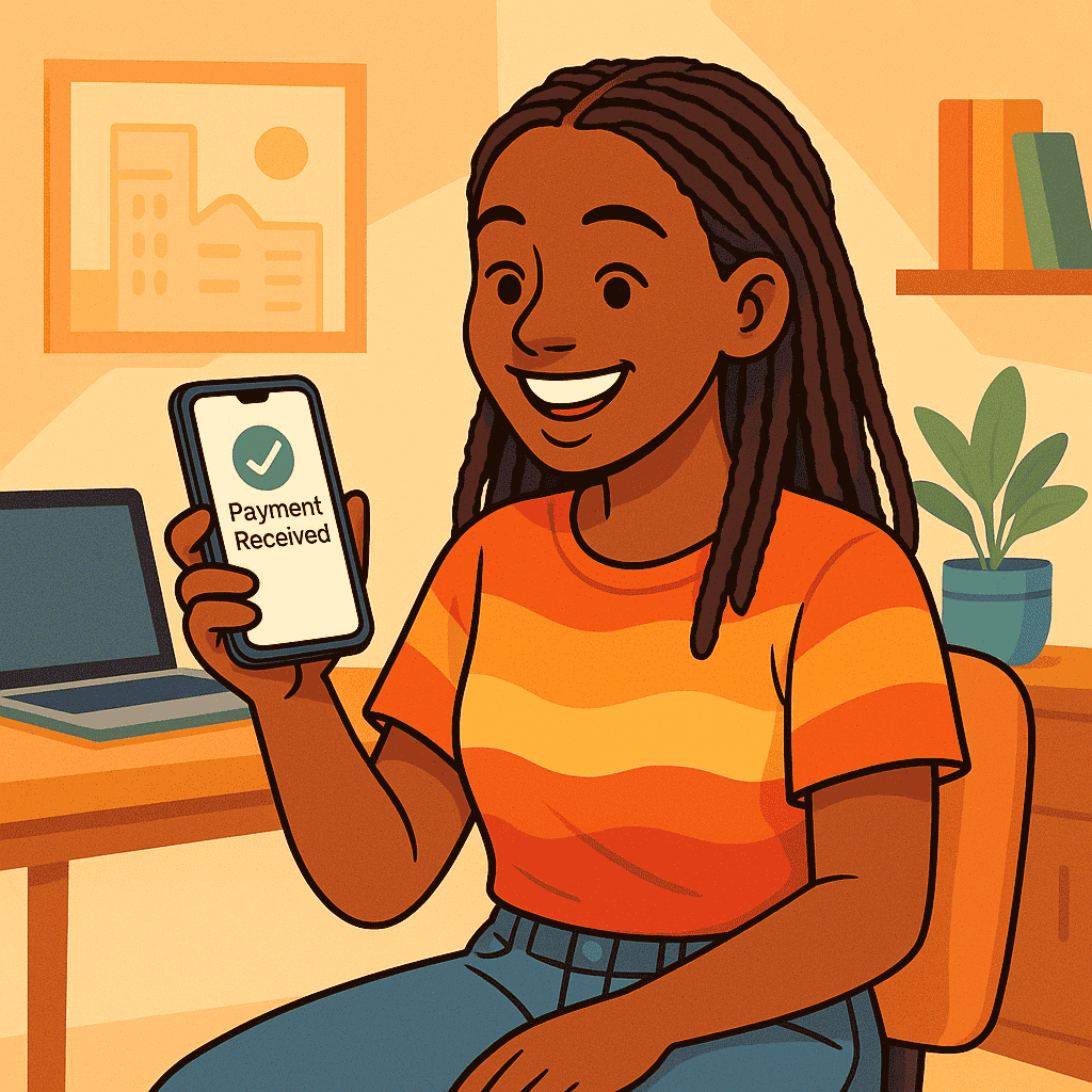 Profit First by Mike Michalowicz (Small business owner smiling at a phone notification of a payment)