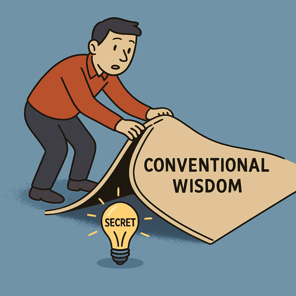 Zero to One by Peter Thiel and Blake Masters (Cartoon of a person uncovering a hidden idea or treasure)