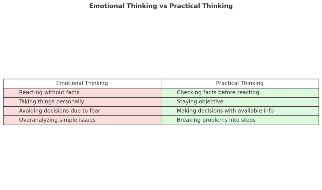 Think Straight by Darius Foroux (Chart comparing emotional vs practical thinking from THINK STRAIGHT)