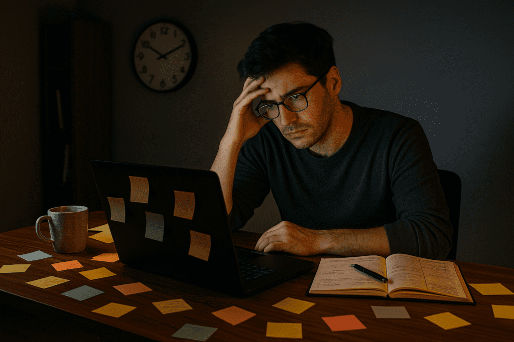 Solo entrepreneur working late at night in a home office feeling isolated and overwhelmed.