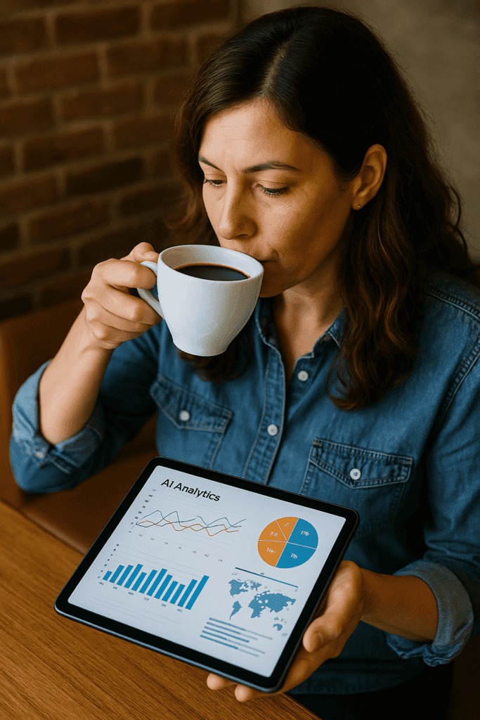 Small business owner reviewing AI-generated insights for smarter marketing small business decisions.