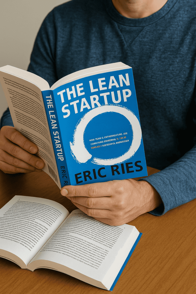 someone studying a practical business books “The Lean Startup.”