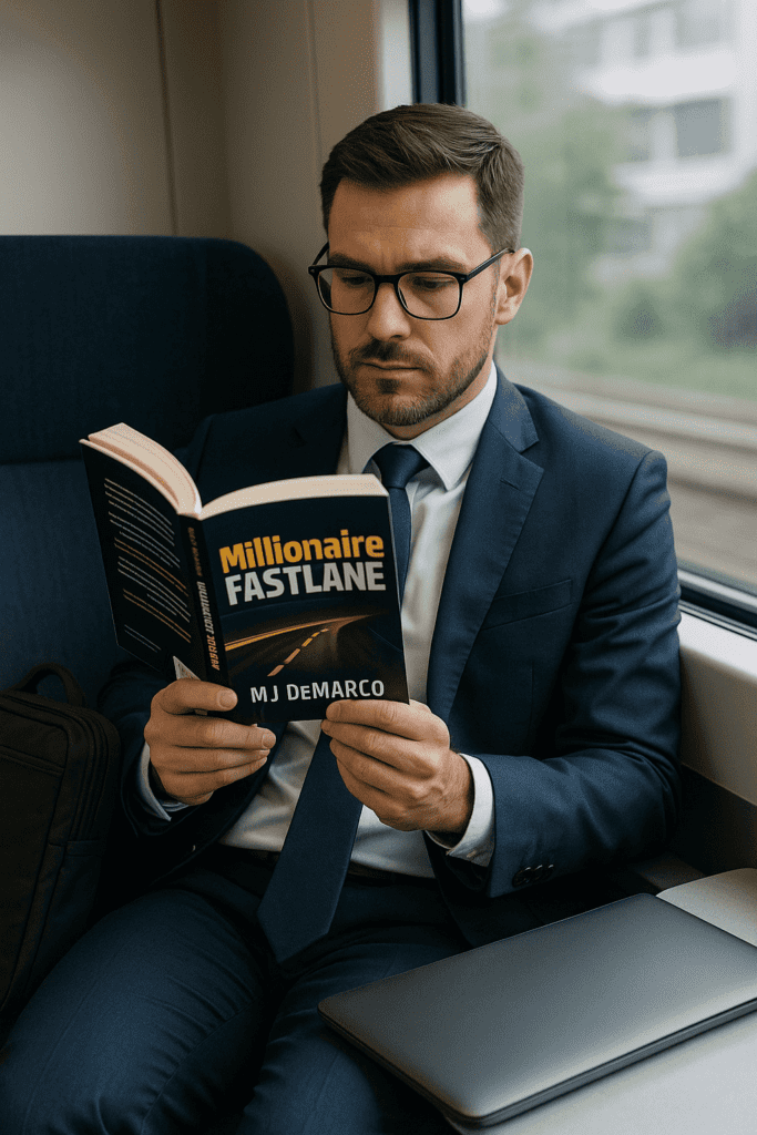 An entrepreneur reading a business books "Millionaire Fastlane – MJ DeMarco