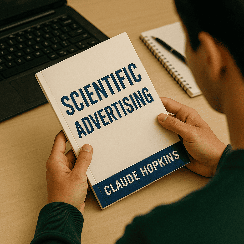 A Marketer reading a Marketing Books "Scientific Advertising by Claude Hopkins"