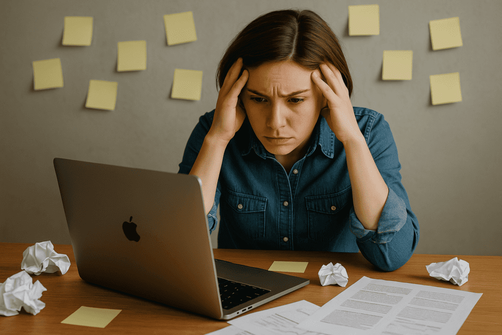 Frustrated entrepreneur struggling with Facebook ads for small businesses after failed ad campaign.