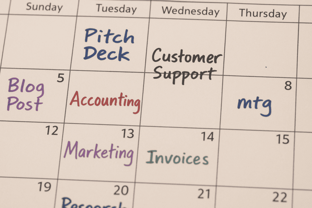 Busy daily calendar showing the workload of a solo entrepreneur managing a startup alone.