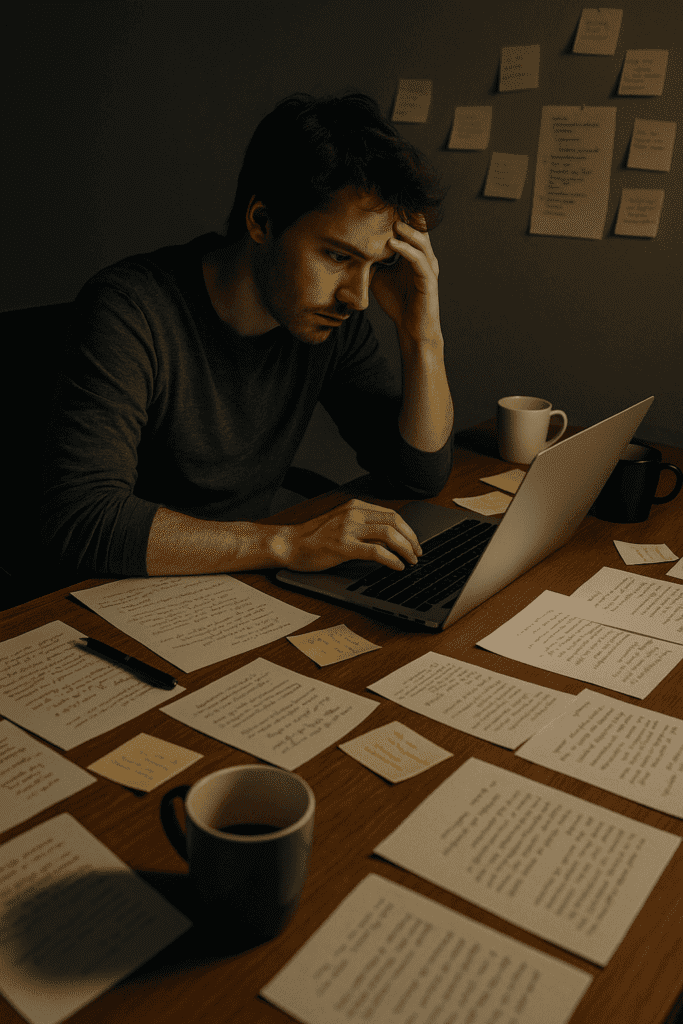 Solo entrepreneur working alone late at night building a startup as an entrepreneur.