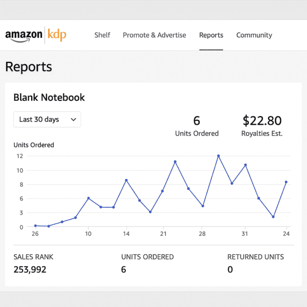 Amazon KDP dashboard with notebook sales tracking progress in make money online journey