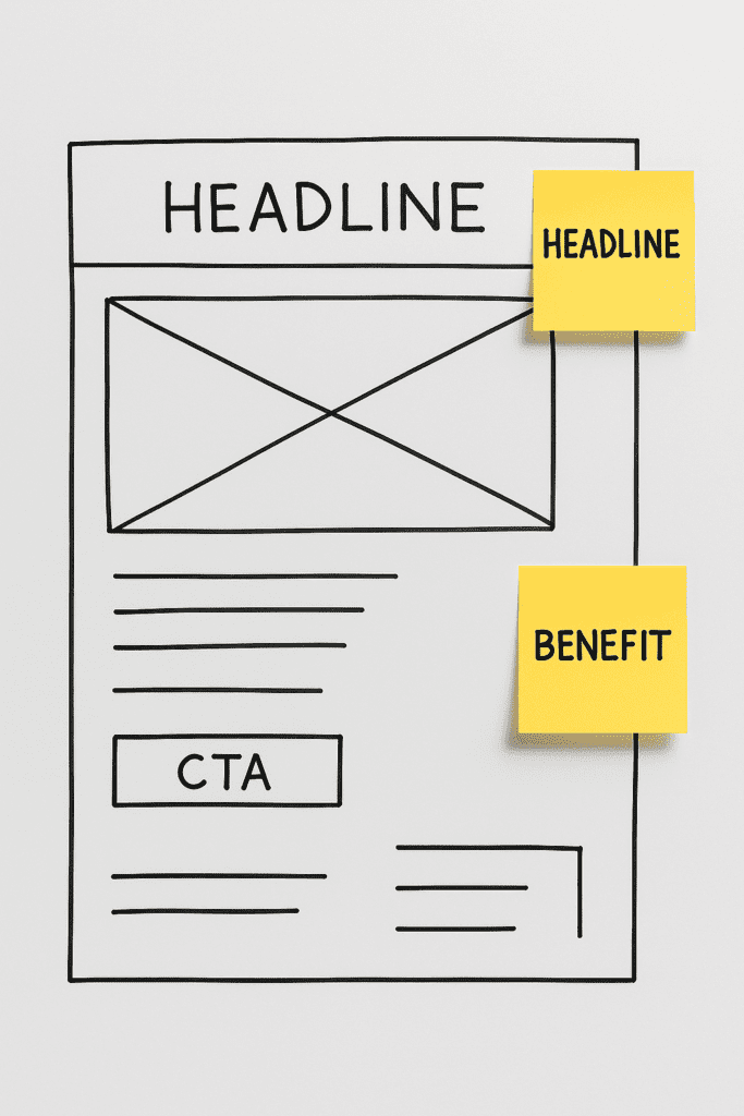 Small business landing page wireframe layout with call-to-action and clear messaging