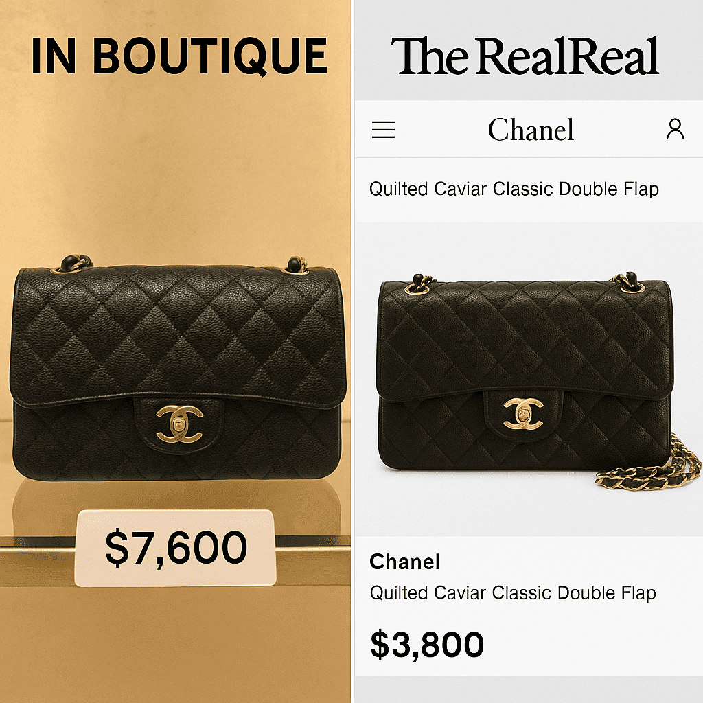 Price comparison of Chanel bag in retail store and resale site reflecting impact of US tariffs.