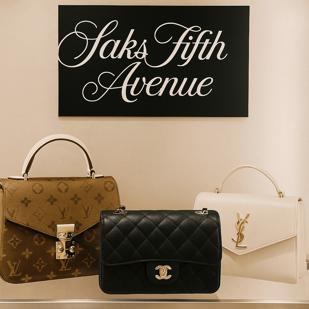 Designer handbags at Saks Fifth Avenue affected by new US tariffs on European luxury goods.