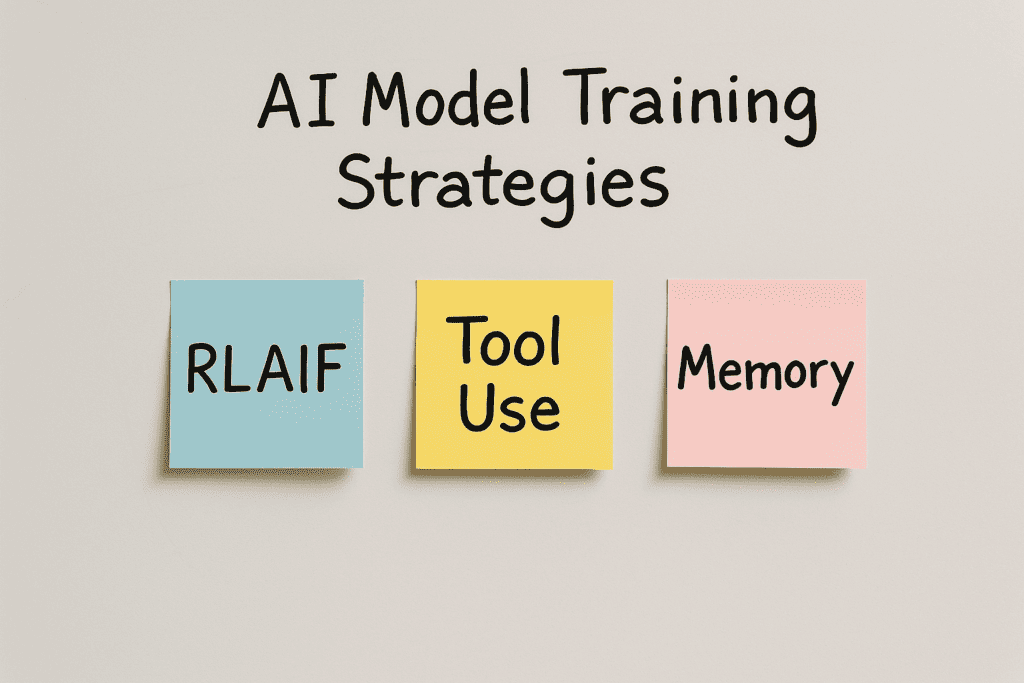 Whiteboard displaying core Anthropic AI coding strategies like RLAIF and memory optimization.
