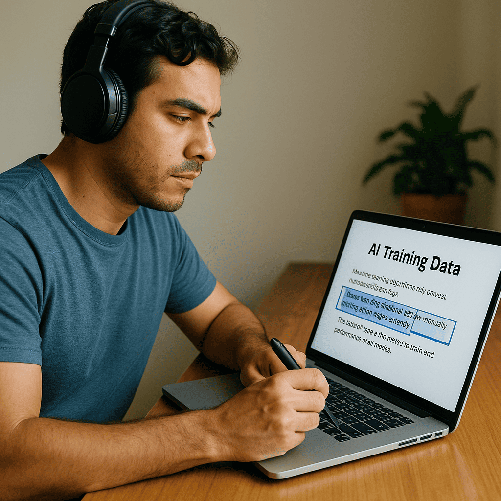 A gig worker at a laptop highlighting or annotating AI training data